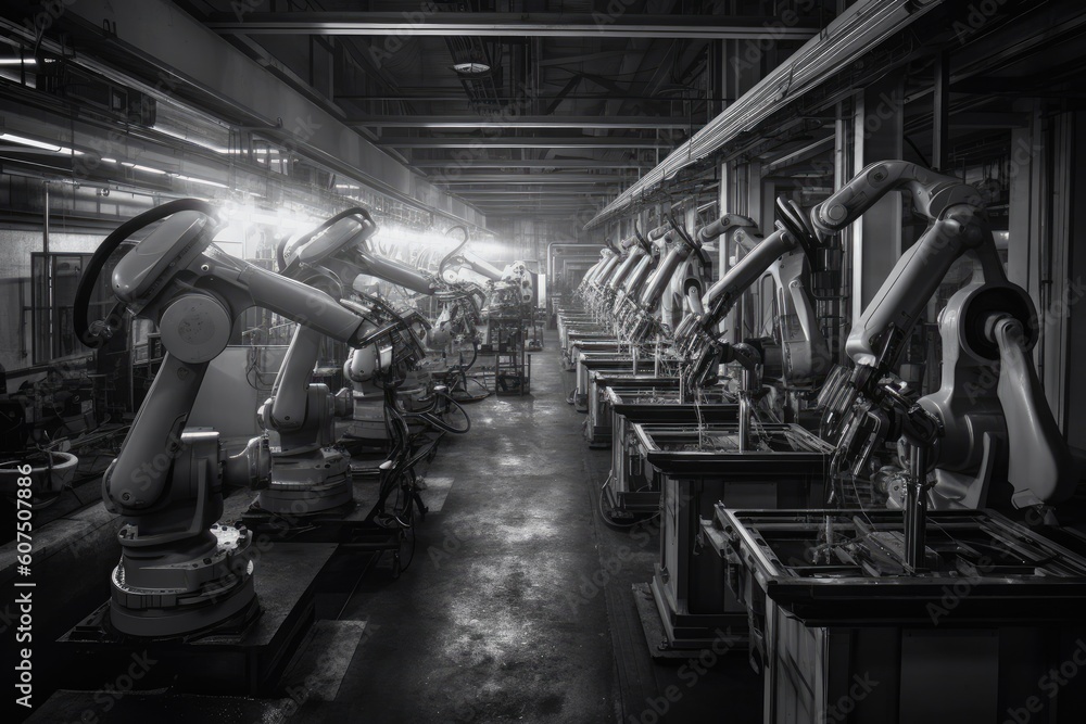 Poster group of robots working together in a factory. generative ai