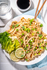 Asian shimeji noodles dish. Chow Mein noodles pasta, with stir fried vegetables, soy sauce and shimeji mushrooms