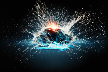 Water splash with beautiful drops flying away. Liquid motion background. Generated AI.