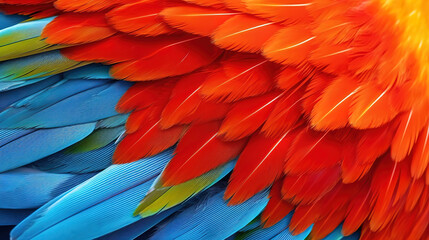Fototapeta premium Beautiful texture of Scarlet macaw parrot bird feathers. Generative ai