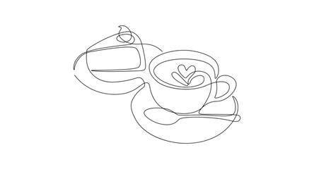 Cake and coffee one line style. Breakfast theme linear pastry cappuccino matcha, cafe bakery concept. Vector illustration
