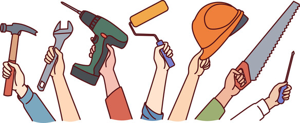 Hands of repair and construction specialists with working tools for safe and efficient work