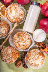 Apple pie crumble streusel muffins, Sweet autumn baking pastry with red apple slices, cinnamon and spices and crumble toppings