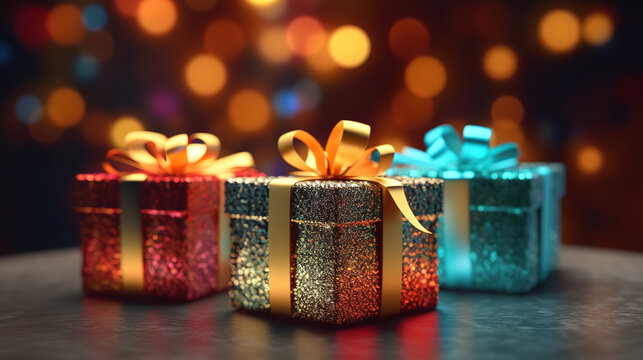 3d illustration Realistic golden christmas ball Gift box and bokeh background. Generative ai
