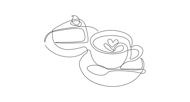 Cake and coffee one line style. Breakfast theme linear pastry cappuccino matcha, cafe bakery concept. Vector illustration