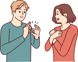 Deaf-mute man and woman are talking using sign language and demonstrating symbols with hands