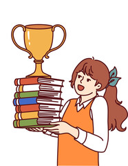Schoolgirl with books and cup for winning olympiad rejoices at good marks for test