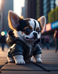 Cute Dog Wearing Hoodie In The City, Illustration, Generative AI Image