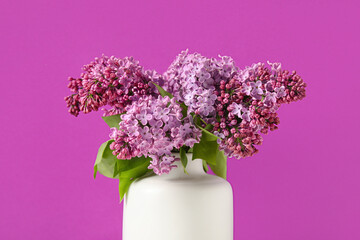 Vase with bouquet of beautiful lilac flowers on color background, closeup
