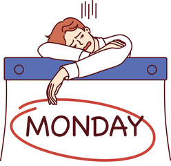 Man workaholic sleeps leaning on giant calendar with inscription Monday feeling burned