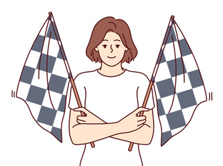 Woman holding two checkered flags to signal for start of car racing competition among drivers