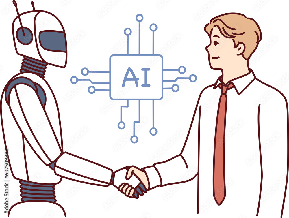 Wall mural man shakes hands with robot as sign of friendship between humans and artificial intelligence ai
