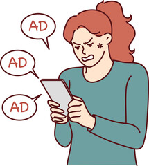 Woman is angry receiving another promotional message from store using spam to attract new customers