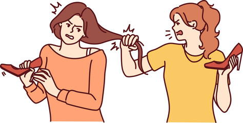 Quarrel women tearing opponents hair and shouting insults during conflict over last shoes in store