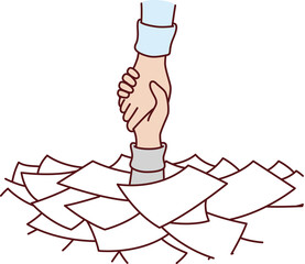 Hand among papers asks for help and salvation from bureaucracy and overabundance paperwork - obrazy, fototapety, plakaty