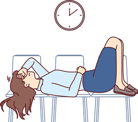 Tired businesswoman sleeps on office chairs at work and needs vacation to avoid professional burnout