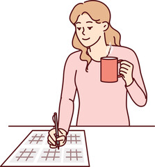 Woman solves sudoku puzzle and drinks hot tea enjoying math brain teasers demonstrates high IQ