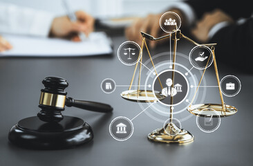 Smart law, legal advice icons and lawyer working tools in the lawyers office showing concept of...