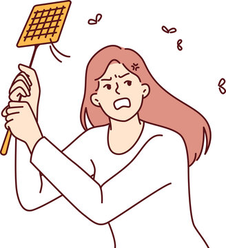 Angry woman kills mosquitoes using swatter feeling irritated due to insects disturbing sleep