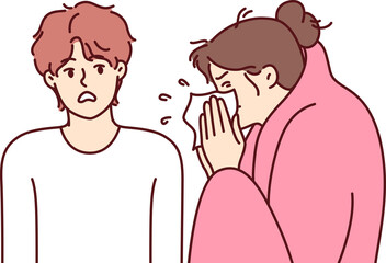 Sick woman sneezes standing near guy afraid of contracting dangerous flu or cold