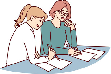 Women doing paperwork sitting at table in office of insurance company during conclusion of contract