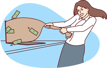 Businesswoman pulls out bag money from laptop symbolizing income from freelance job on Internet