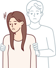 Sad girl with silhouette of man hugging beloved for concept of breaking up with boyfriend