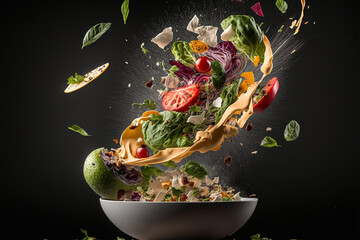 Fototapeta na wymiar Splash of vegetable salad with flying ingredients on black background. Mixed media. created with generative AI