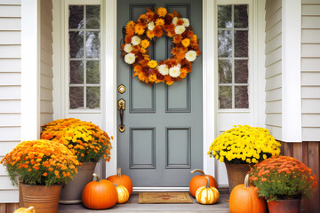 Cute and cozy cottage with fall decorations, pumpkins on the front porch and a wreath, generative AI - obrazy, fototapety, plakaty