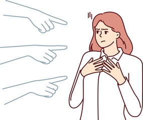 Hands pointing at puzzled girl for concept blame and condemnation person who made mistake