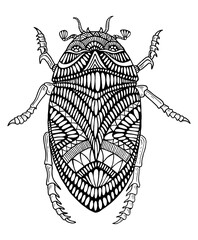 Cute bizarre beetle with many patterns coloring page for children and adults, isolated on white. Decorative black and white abstract insect antistress coloring book. Doodle style.