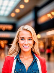 Obraz premium Young woman in shopping mall. Sale illustration. Generative AI