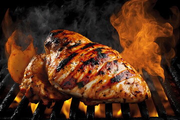 Grilled chicken breast on a grill grate with flames under it, generative AI