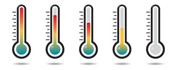 Different temperature thermometer icons set. Changing temperature from cold to hot vector graphics eps10
