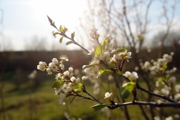 This photo captures the stunning beauty of spring with blooming cherry blossom trees. Generative AI