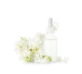 Fototapeta na wymiar Bottle of cosmetic oil with beautiful lilac flowers on white background