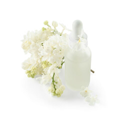 Bottle of cosmetic oil with beautiful lilac flowers on white background