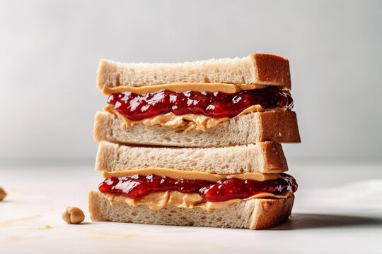 Peanut butter and jelly sandwiches stacked on white surface, generative AI