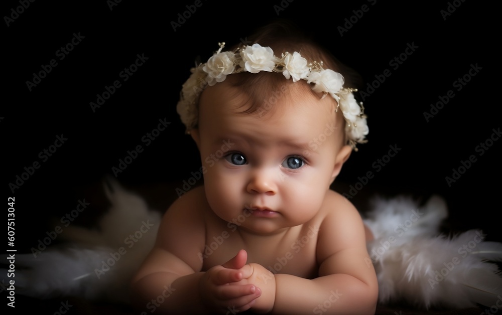 Wall mural angel little baby with white wings on black background. generative ai technology.