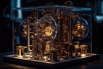 Fototapeta premium Fantastic sparkling perpetual motion machine in an industrial background. Generative AI