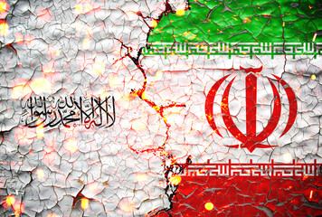 taliban and iran flag paint over on cracked wall. taliban vs iran concept.