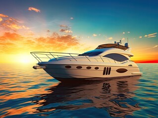Luxury motor yacht on the ocean at sunset. Created by AI.