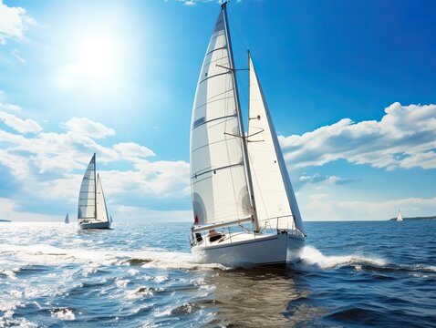 Luxury yachts on a sailing regatta. The bright sun is at its zenith. Sailing in the wind through the waves at sea. Bottom view from. Created by Ai.