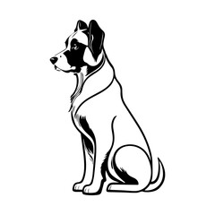 Sitting dog isolated on a white background. Black and white clip art. Vector illustration