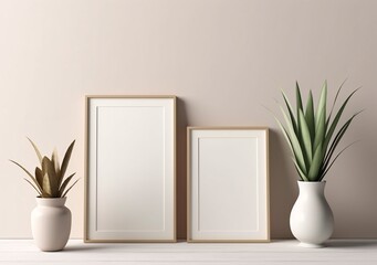 Home interior poster mock up with metal frame and plants or succulents on wall background. 3D style. Generative Ai.