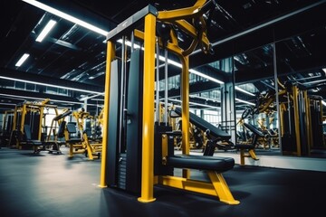 Gym interior with modern fitness equipment. Concept fitness equipment. Generative Ai