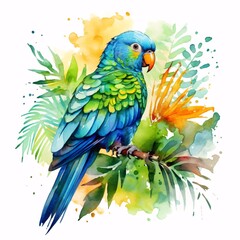 Tropic colorful bird watercolor. Cute small bird illustration. Generative Ai.