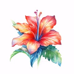 hand drawn watercolor tropical plants and flowers. generative ai.