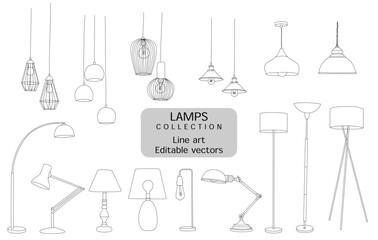 Collection of editable lamp line drawn illustrations in Illustrator file