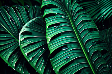 Fototapeta na wymiar foliage of tropical leaf in dark green with rain water drop on texture, abstract pattern. Generative AI